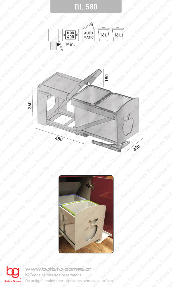 Balde para lixo extra�vel - Porta lateral - M�d. 400 - Autom�tico - 32L